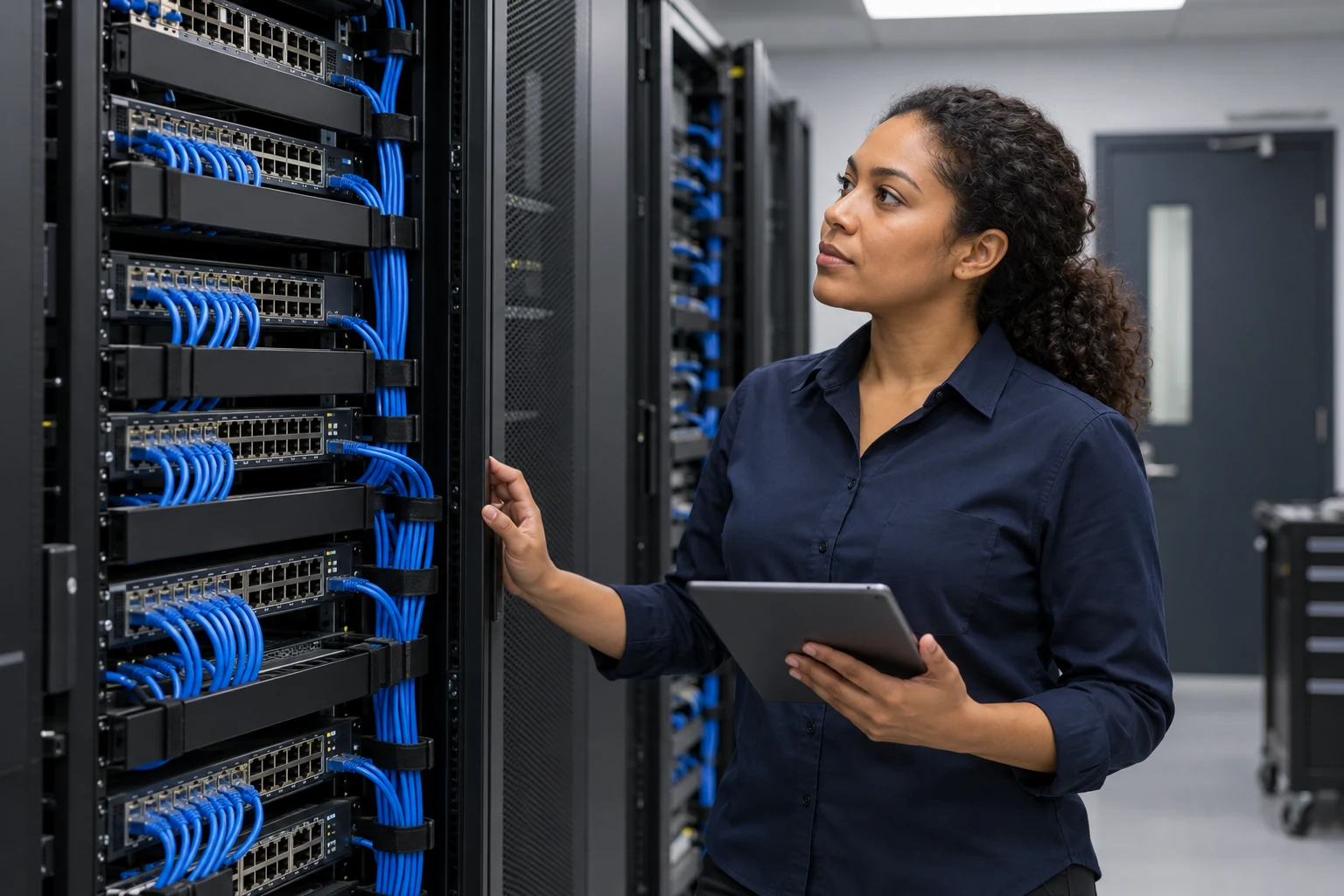 Especialista revisando un rack de red empresarial; imagen ilustrativa.